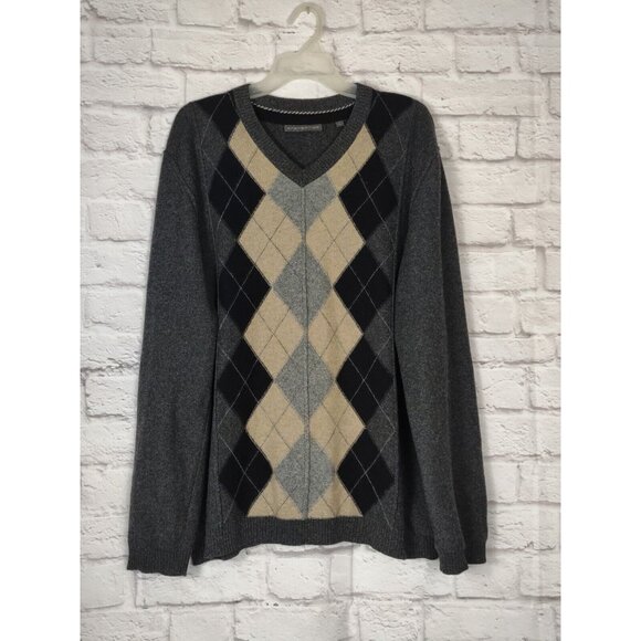 Transcript Mens XL 100% Cashmere Sweater Gray Argyle Print V Neck Soft - Picture 1 of 11